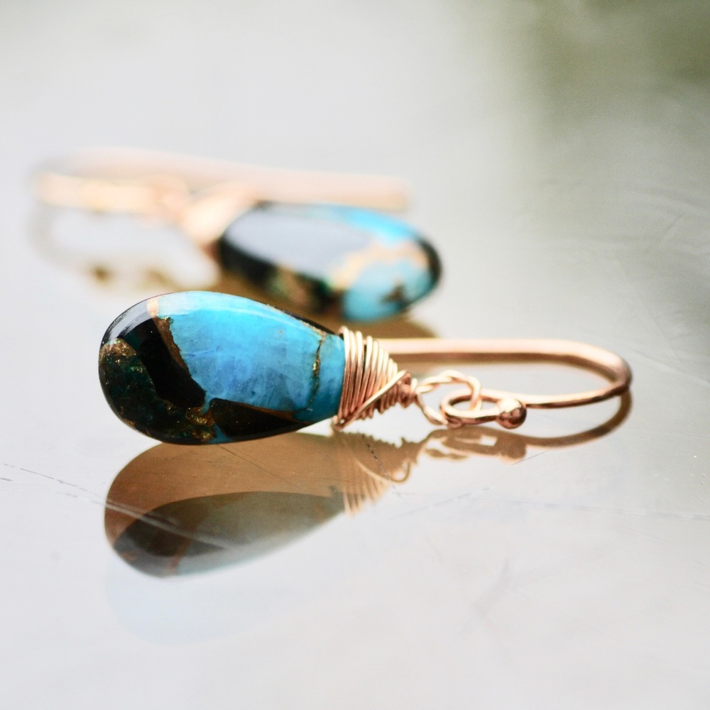 Natural Obsidian Copper Turquoise Earrings Handmade 14k Rose Gold Filled